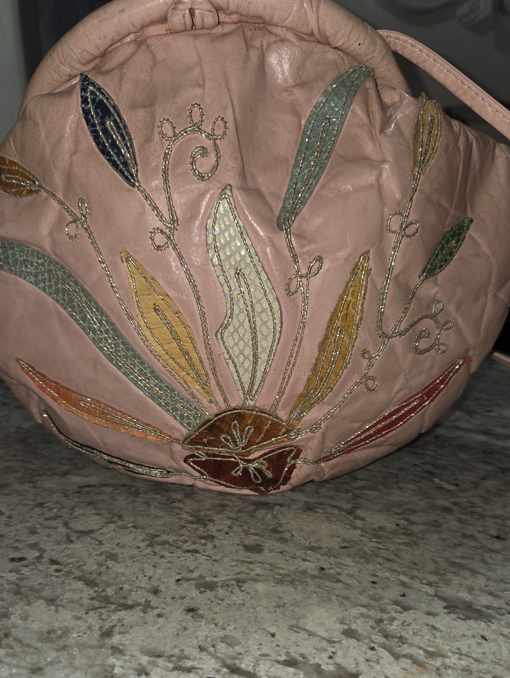Soft Pink Embroidered Floral Shoulder Bag
